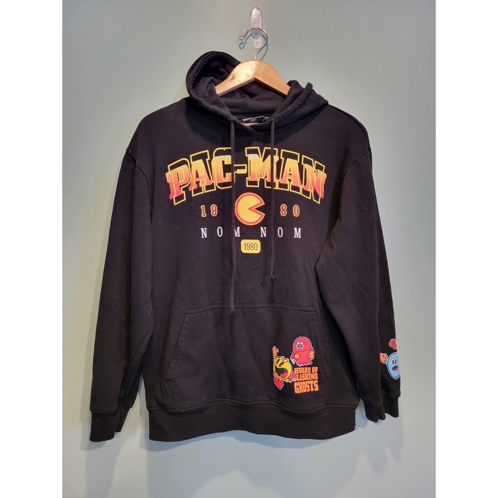 Pacman Novelty Black Hooded Sweatshirt Unisex Nostalgic Retro 80s Sz L